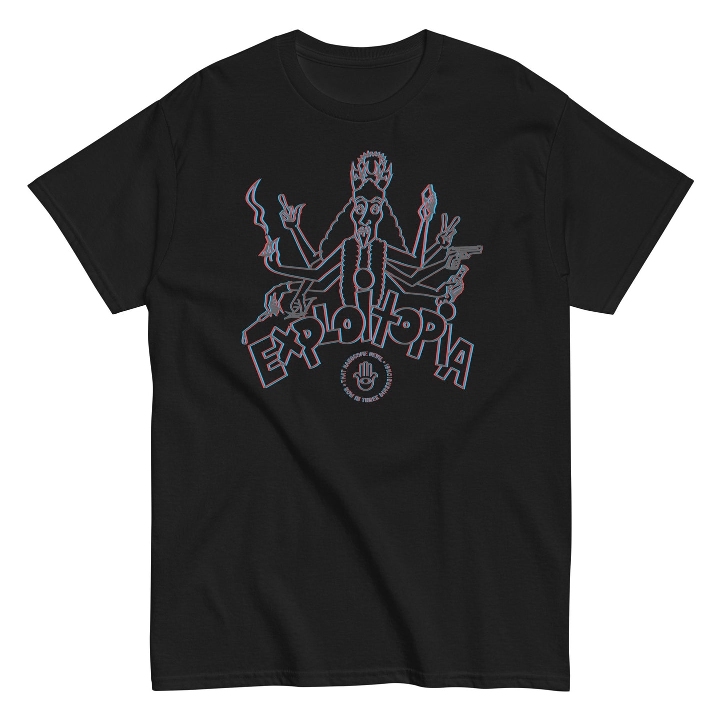 A black t-shirt with a stereoscopic 3d image of a multi-armed deity over the word EXPLOITOPIA.
